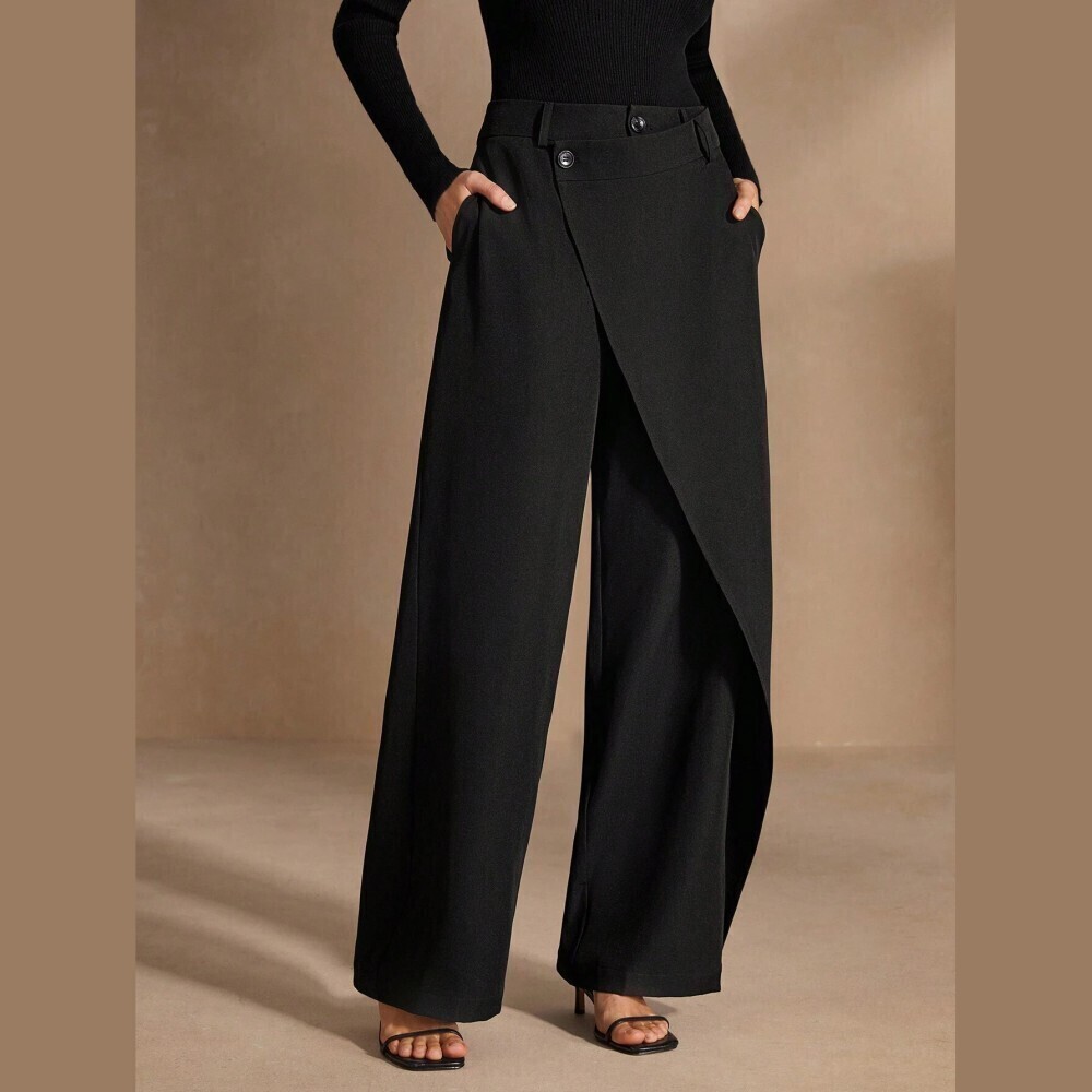 Black Woven Wrap Front Wide Leg Trousers with Button Waist